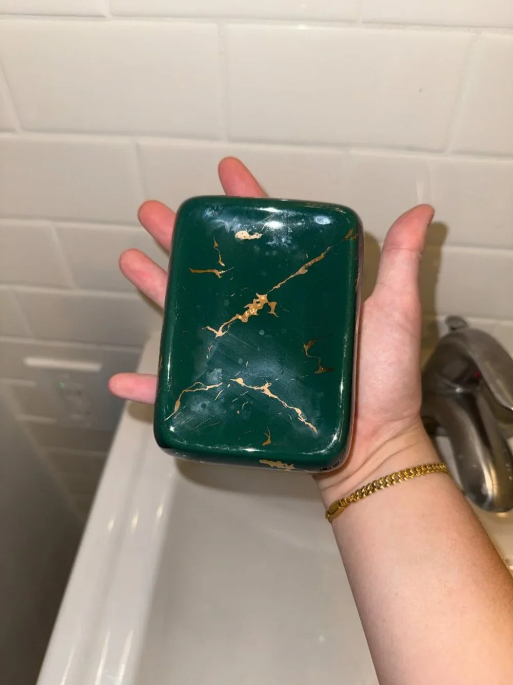 Elegant Emerald Green & Gold Marble Ceramic Soap Dish